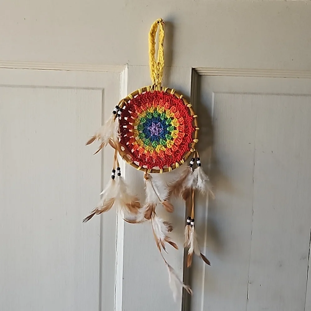 Hand Crafted crochet dream catcher rainbow colors textile art handmade holiday